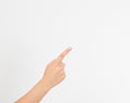 Finger point isolated white background. woman girl hand. Mock up. Copy space. Template. Blank. Royalty Free Stock Photo