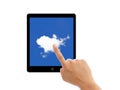 Finger point tablet pc with clouds on screen Royalty Free Stock Photo