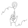 Finger pointing location at map one line art,hand drawn continuous contour,trendy hand template direction, gps navigation concept.