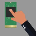 Finger pointing at microchip flat design