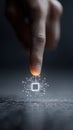 Finger pointing towards a futuristic microchip with glowing circuits, representing advanced technology, artificial Royalty Free Stock Photo
