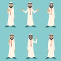 Finger Pointing Up Businessman Sale Presentation Cartoon Character Arab Traditional National Muslim Clothes White Board