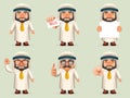 Finger Pointing Up Businessman Sale Presentation Cartoon Character Arab Traditional National Muslim Clothes White Board