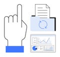 Hand gesture, file synchronization, and analytics dashboard representing data management Royalty Free Stock Photo