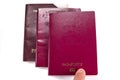 Finger pointint new blank passport over old expired ones