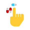 Finger points on a pill. Flat vector illustration. Eps 10