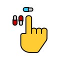 Finger points on a pill. Flat vector illustration. Eps 10