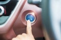 Finger press a car ignition button or START engine inside modern electric automobile. Keyless, change, strategy, vision, Royalty Free Stock Photo