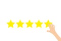 Finger press 5 Golden stars button. Human hand put estimate. Custumer review satisfaction review. Five star rating selection