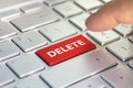 Finger presses the color button on the gray keyboard. A keyboard with a red button - Delete Royalty Free Stock Photo