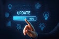 Finger pressing update progress bar at 95 percent with technology icons digital Royalty Free Stock Photo