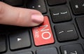 Finger presses No fake button on laptop keyboard Royalty Free Stock Photo