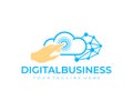 Finger presses on touch screen, cloud server, communication and blockchain, logo design. Digital business, e-commerce, connection