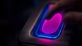 Finger pressing on biometric scanner with glowing pink fingerprint for secure authentication