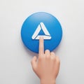 A finger pressing a blue circular upload button with a white arrow icon Royalty Free Stock Photo