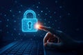 Finger pressing a bright blue padlock icon with network lines on a keyboard cybersecurity security Royalty Free Stock Photo