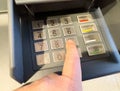 Finger pressing button on german atm keypad with language options and controls Royalty Free Stock Photo