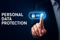 Finger pressing on a digital button for personal data protection and security Royalty Free Stock Photo