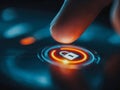 Finger pressing glowing digital security lock icon on futuristic touchscreen interface representing data protection and Royalty Free Stock Photo