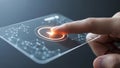 Finger pressing glowing play button on futuristic transparent screen with network data Royalty Free Stock Photo