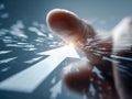 Finger pressing a glowing white arrow on a digital interface symbolizing direction, progress, and innovative technology concepts Royalty Free Stock Photo