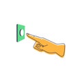 Finger pressing power button. Hand and wall doorbell. Forefinger pushing bell. Person turning off or switching on Royalty Free Stock Photo