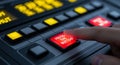 Closeup of finger pressing red button with white text on control panel with various colored buttons and display screen Royalty Free Stock Photo