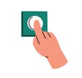 Finger pressing, pushing control button. Hand touching, clicking, switching on, turning off. Forefinger calling doorbell