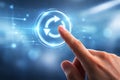 Finger pressing refresh icon on glowing digital interface Royalty Free Stock Photo