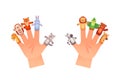 Finger puppets. Cartoon animal puppet on kid puppeteer hands, really hand animals toy for child tale theatre stage, play