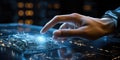 Finger Pushes Touch Screen Button and Activates Futuristic Artificial Intelligence. AI Generated