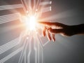 A Finger Pushes Touch Virtual Screen Button to Activate Futuristic Artificial Intelligence, AI. Machine Learning. Computer
