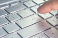 Finger pushing the button of keyboard. Click on gray ultrabook key Royalty Free Stock Photo