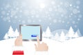 Finger of Santa Claus touching button Share in winter landscape Royalty Free Stock Photo