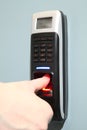 Finger scan security for entry server room. An Fingerprint machine server safety