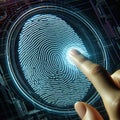 A finger scans a futuristic biometric sensor, leaving a glowing fingerprint pattern. Generative AI