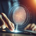 A finger scans a futuristic biometric sensor, leaving a glowing fingerprint pattern. Generative AI