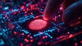 Finger scans tech for security control. Person touch tech interface. Fingerprint scan glows red. Futuristic tech concept.