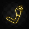 Finger snap, cartoon neon icon. Yellow neon icon