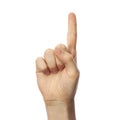 Finger spelling number 1 in Sign Language on white background. ASL concept