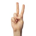 Finger spelling number 2 in Sign Language on white background. ASL concept Royalty Free Stock Photo