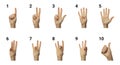 Finger spelling numbers from 1 to 10 in Sign Language on white background. ASL concept