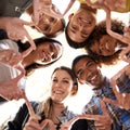 Finger star, circle and portrait of friends with diversity, unity and collaboration with a low angle. Teamwork, smile Royalty Free Stock Photo