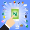 Finger Tapping Dollar Sign In Smartphone With Fintech Icons Royalty Free Stock Photo