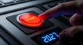 Finger about to press a red start button on a control panel Royalty Free Stock Photo