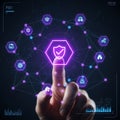 Digital security network unveiled by a human finger interacting with a glowing hexagonal shield icon Royalty Free Stock Photo