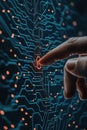 Finger touches digital circuit. Security awareness depicted on illuminated display. Glowing interface with connection lines and Royalty Free Stock Photo