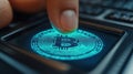 Finger touches a glowing Bitcoin on a touch screen Royalty Free Stock Photo