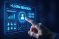 Finger touching a digital screen displaying Human Resources interface with data image photo Royalty Free Stock Photo