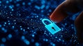 finger touches glowing blue padlock on digital circuit background, symbolizing cybersecurity and data protection. image conveys